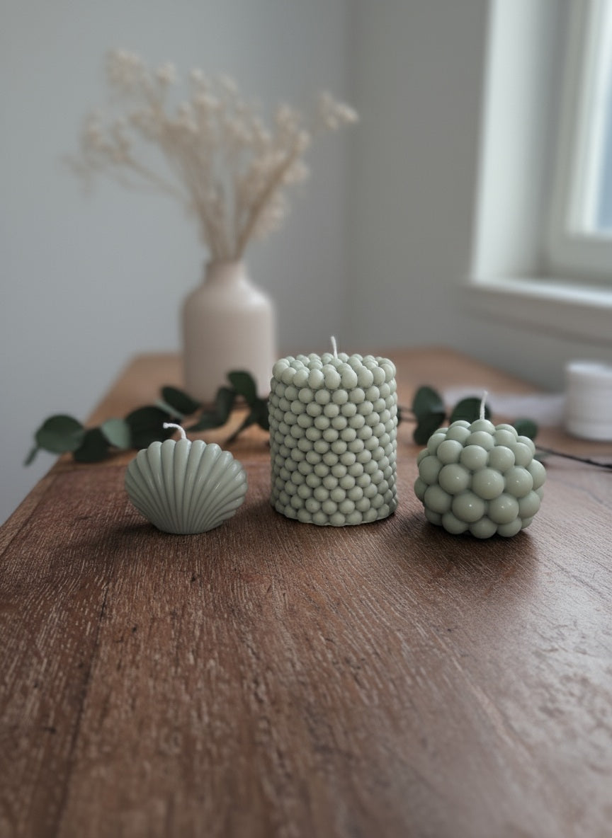 Set van 3 Sojakaarsen: Twee Bubblekaarsen en een Schelp