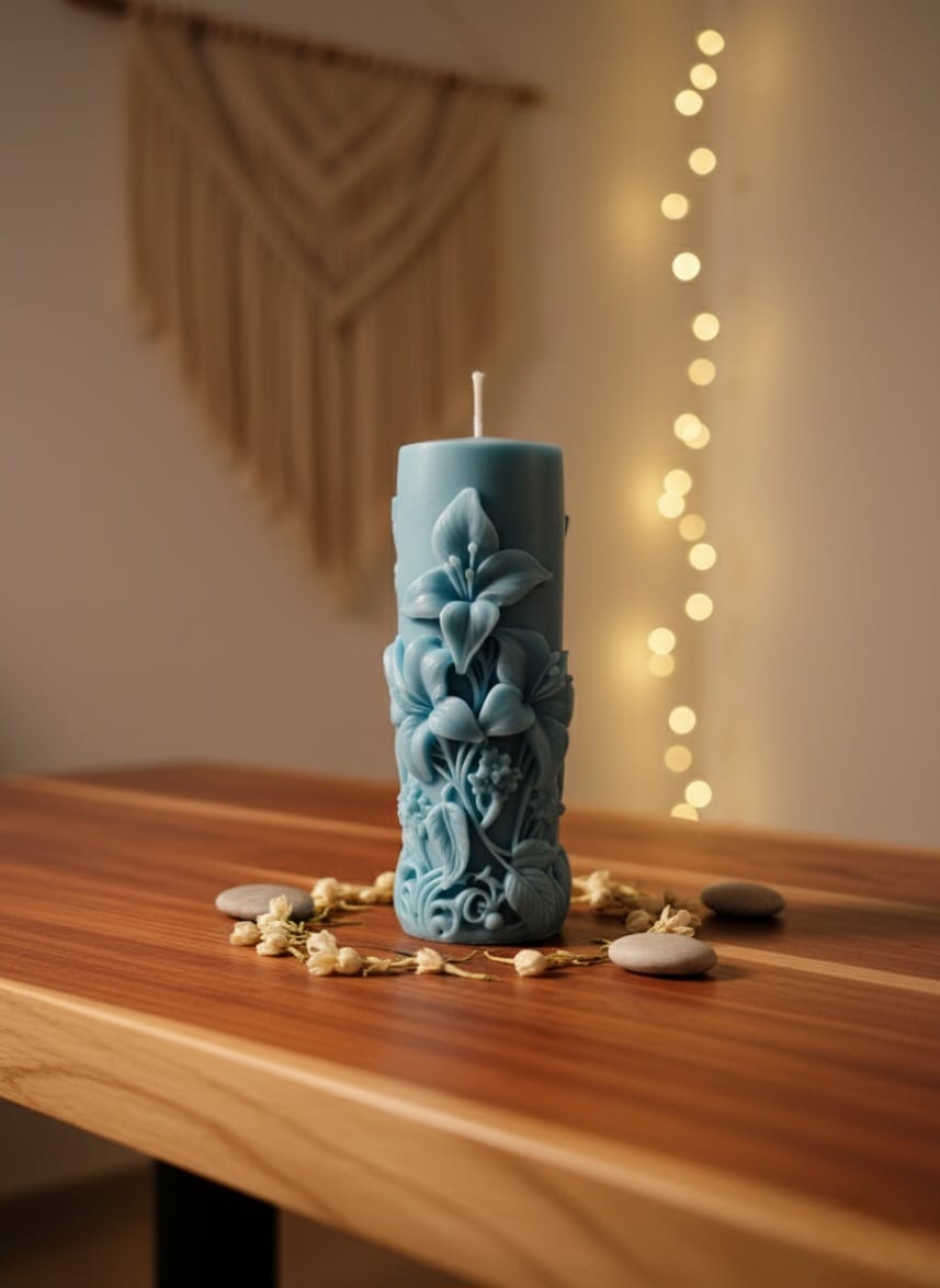 Blauwe Kaars met Bloemmotief